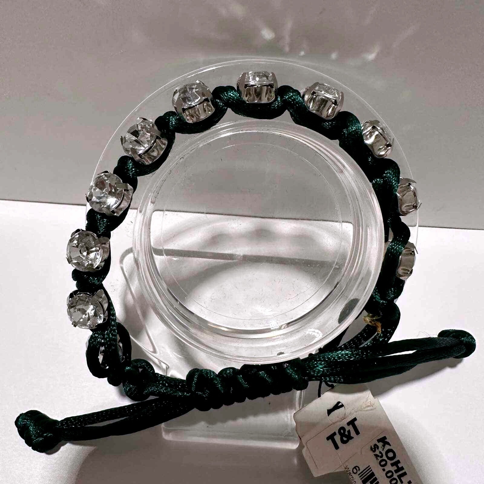 T&T Crystal Bracelet Green Cord Adjustable Slider Bangle Jewelry